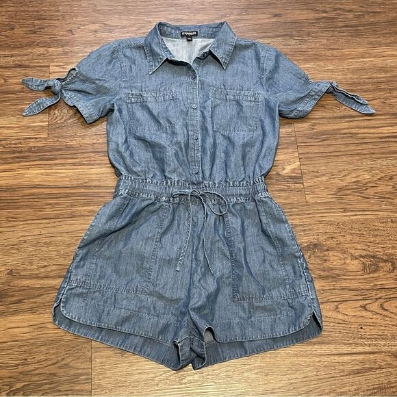Express Denim Lightweight Short Sleeve Shorts Romper Pockets Blue Size XS - Picture 7 of 13
